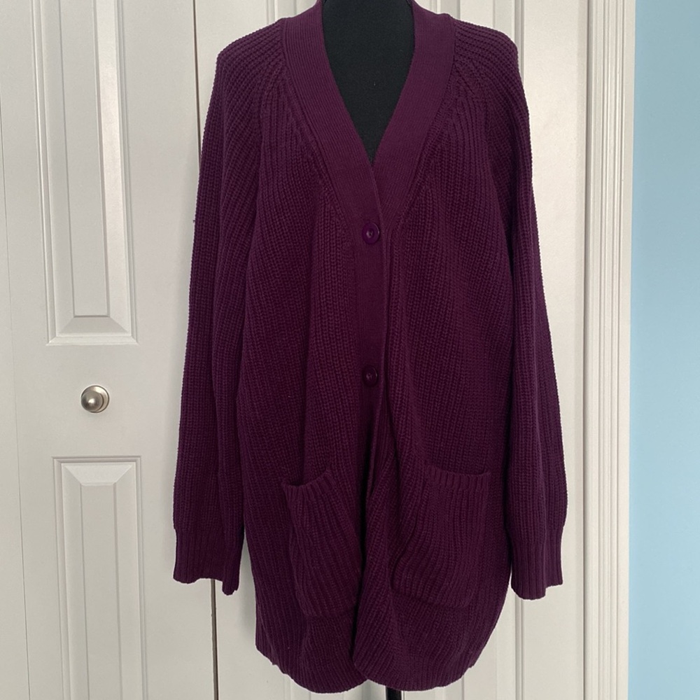 Woman Within 2X 26/28 Cable Knit Woven Purple Button Up Cardigan With Pockets - Picture 8 of 10